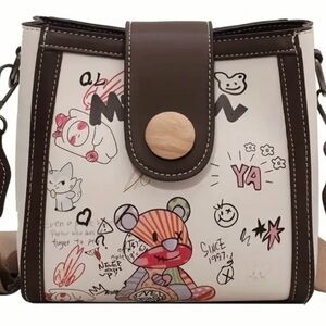 Cute Bear Doodle Bucket Crossbody Handbag NIP